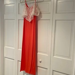Long coral spaghetti strap dress with lace top